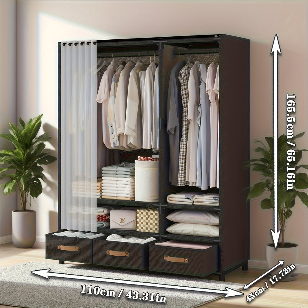 1pc 65.2in*43.3in*17.7in Portable Wardrobe, Minimalist Wardrobe, Wardrobe with Drawers, Foldable Portable Wardrobe with Hanging Rod, 19mm Thickened Steel Pipe, Stable, Multi-Row Simple Wardrobe, Portabke Closet White