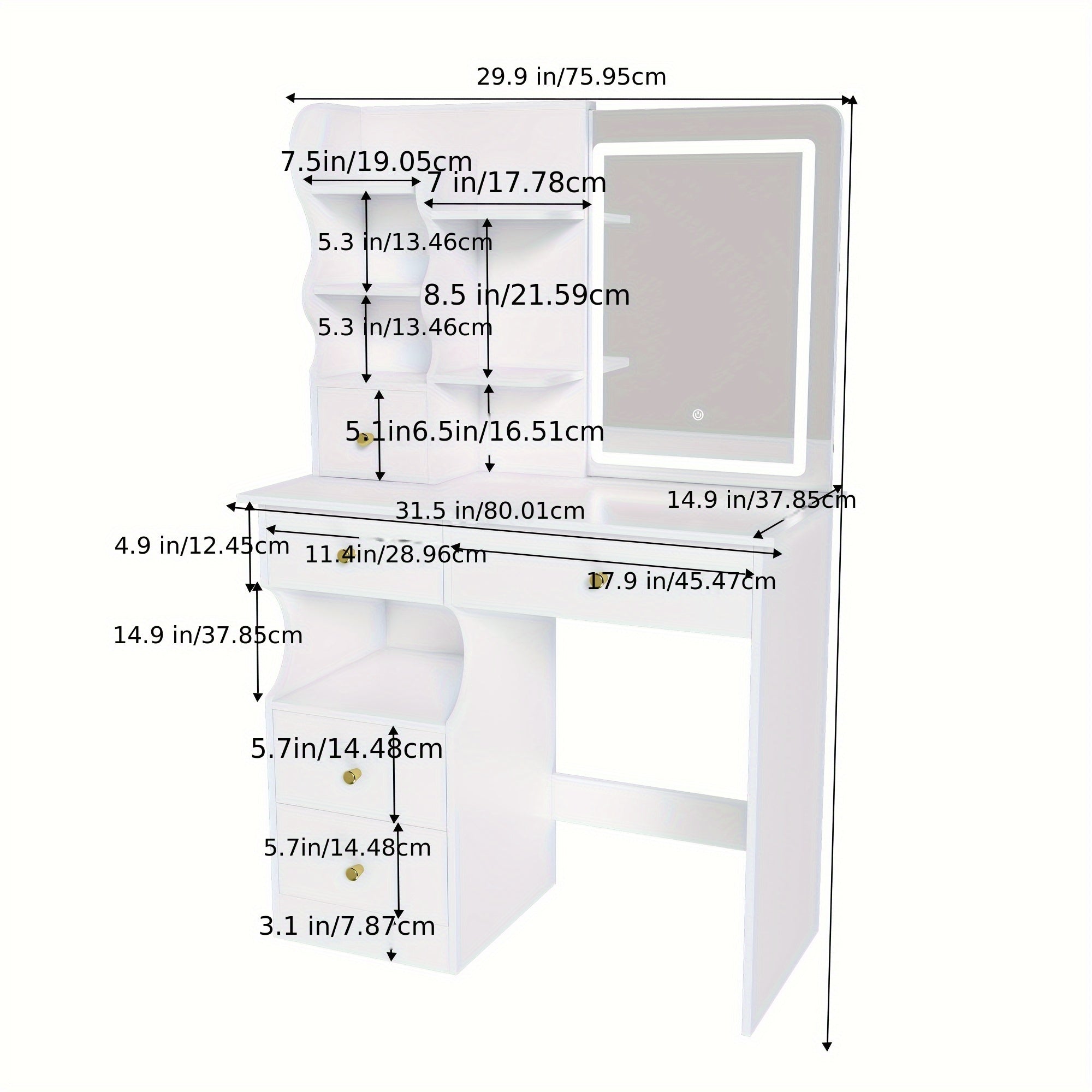 White Dressing Table, Mirror And LED Light, 5-drawer Dressing Table, Movable And Hidden Mirror, 3-color Mode Touch Screen, Storage Organizer For Women'S And Girls' Bedrooms