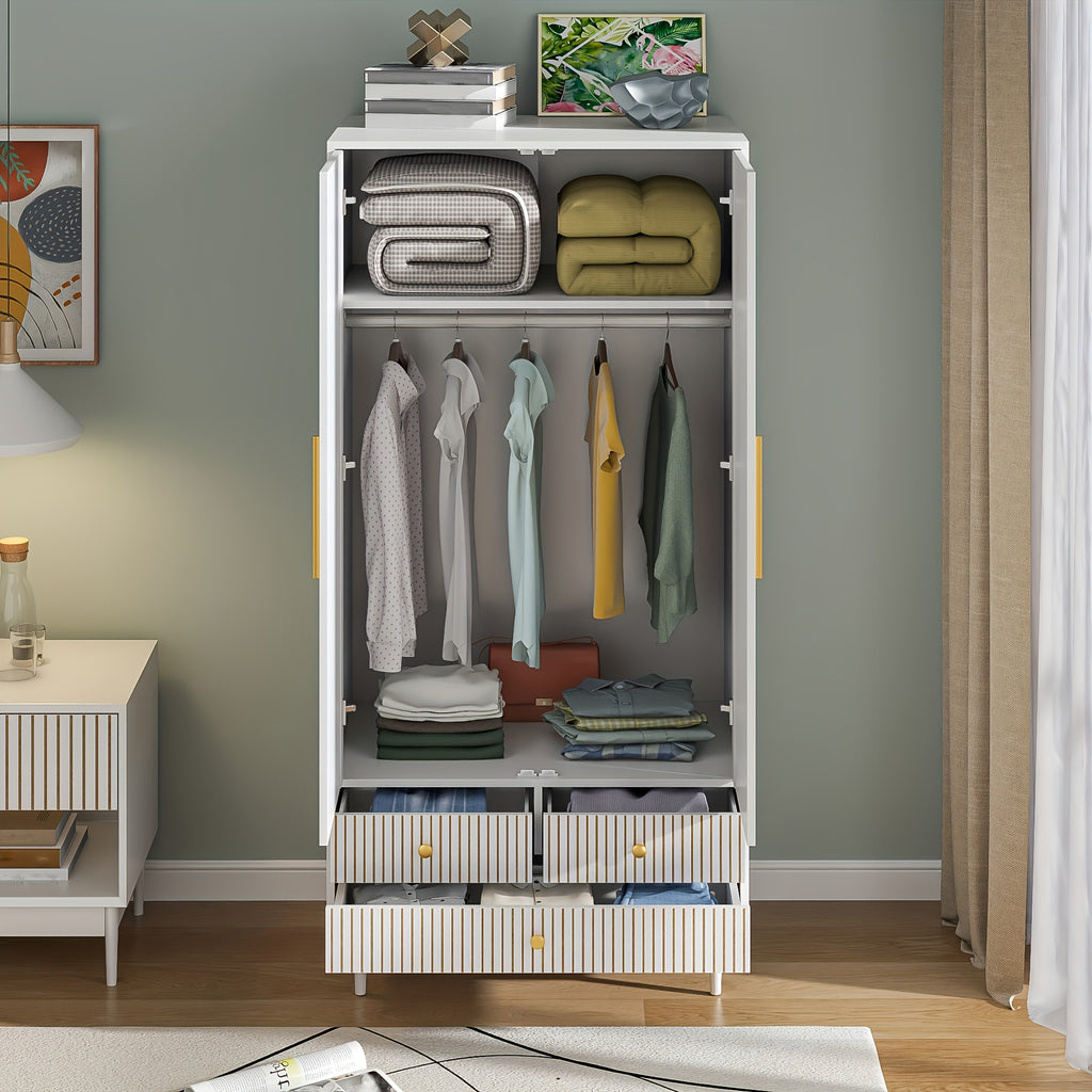 JEJEGORICH Armoire Wardrobe Closet, Freestanding Closet Organizer with Drawers with 2 Fluted Doors, Wardrobe Cabinet with Shelves And Hanging Rod