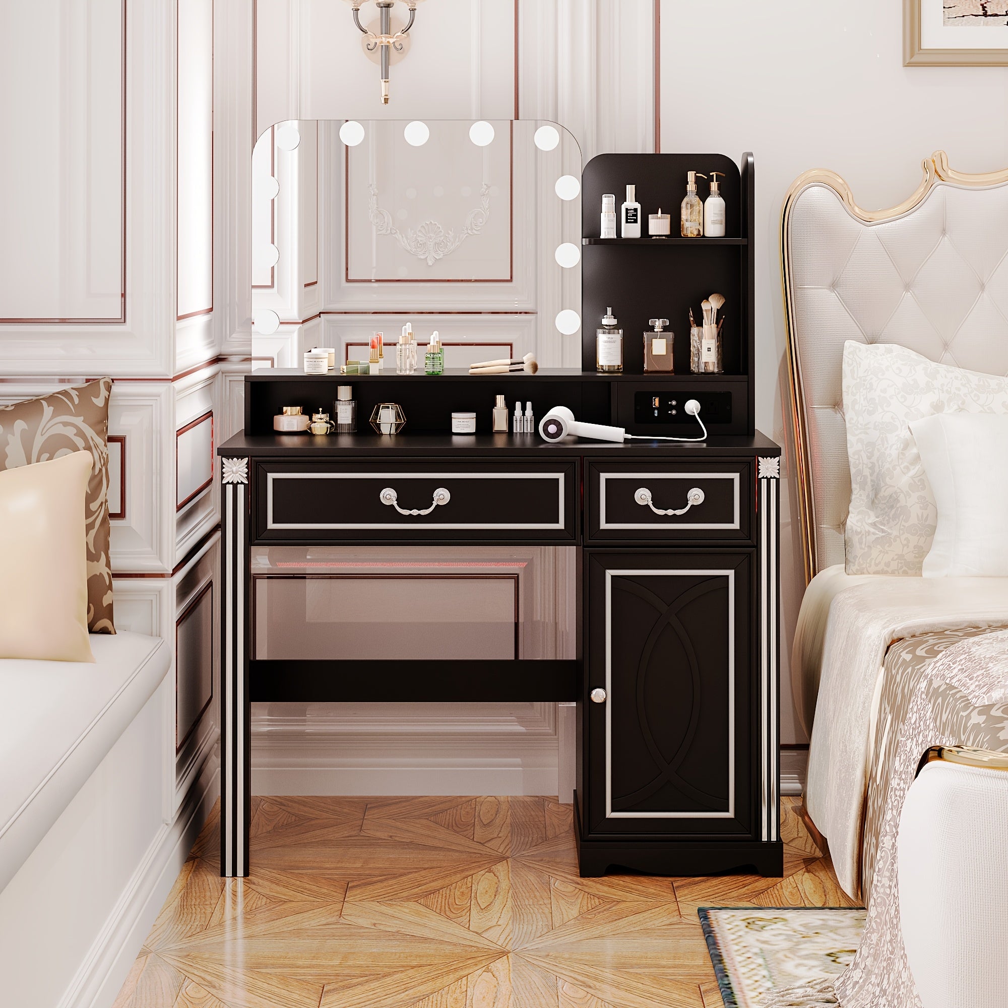 HWB Makeup Vanity Desk With LED Lighting Mirror And Power Socket, Girls Vanity With 3 Color Modes And Adjustable Brightness, Small Vanity With 2 Drawers And Cabinets For Bedroom