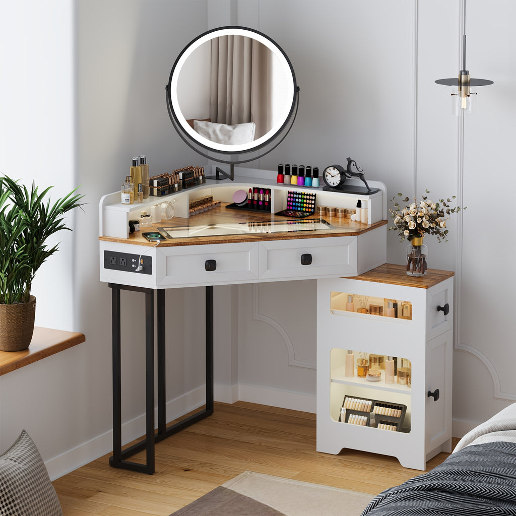Dystler Corner Vanity with Mirror and Lights, Modern Makeup Vanity Set with Charging Station for Bedroom\u002FCloakroom, Glass Top Vanity Table with Drawers and Shelves, White