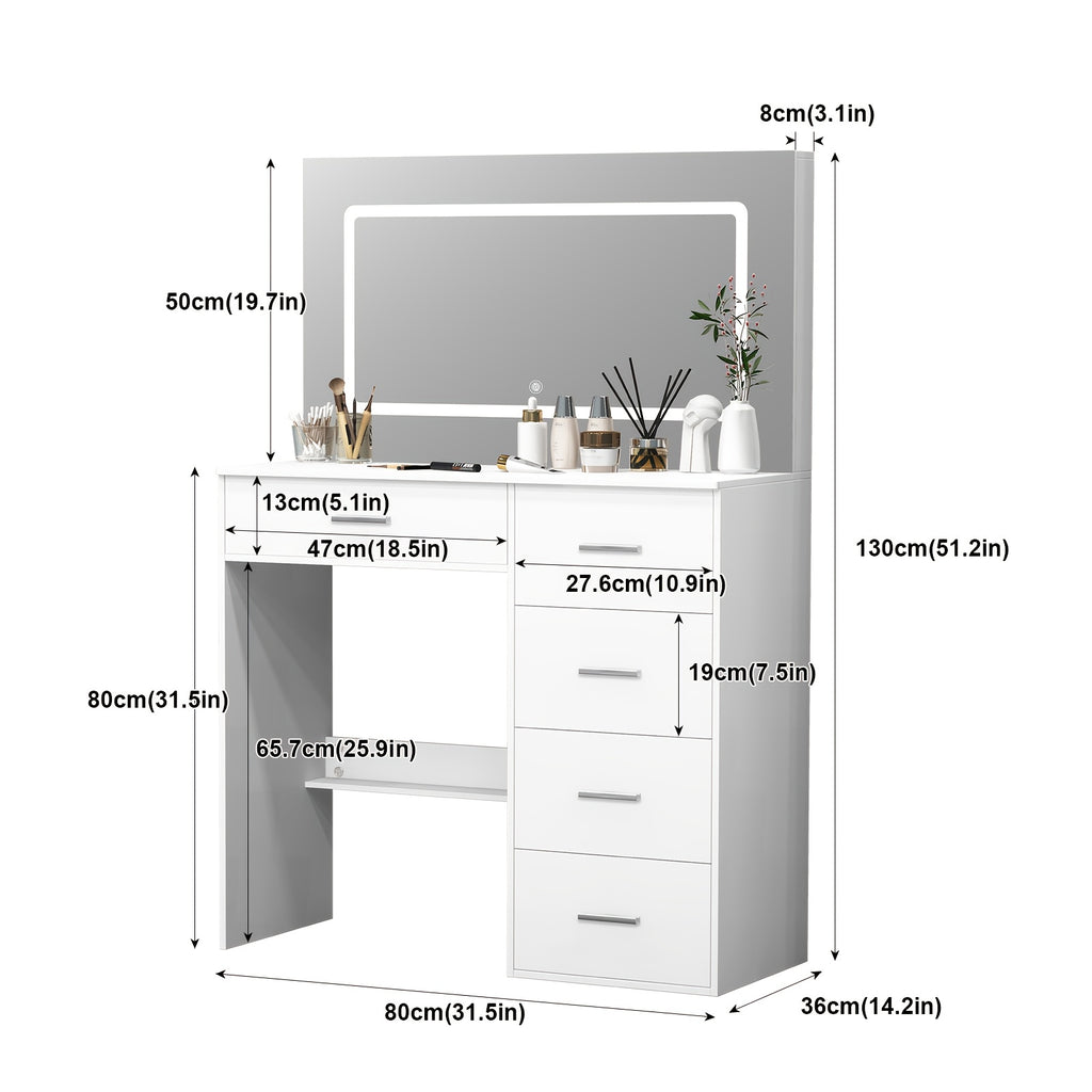 31.5inch White Vanity Table Makeup Dressing Desk with Large HD Lighted Mirror, 5 Drawers, Adjust Modes & Dimmable, Dressing Table with LED Mirror for Girls Bedroom Furniture