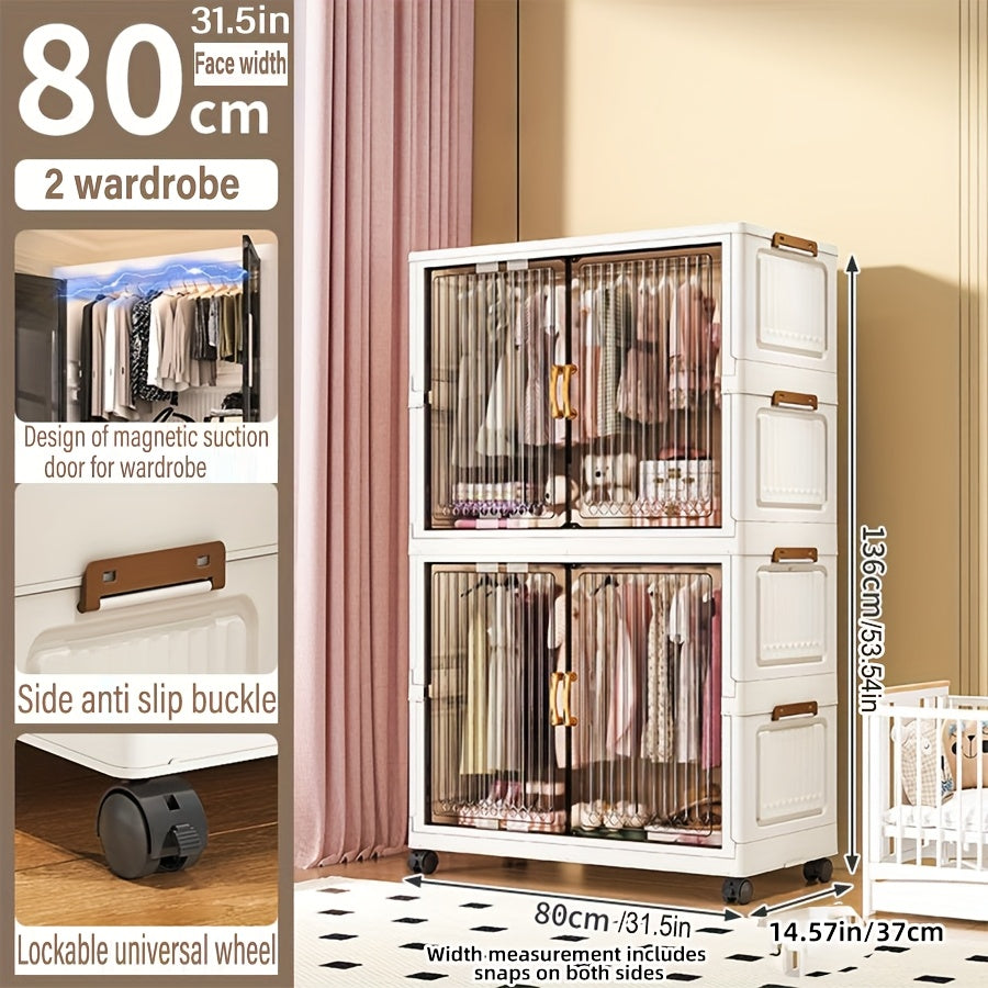One Foldable Wardrobe with Wheels, Large Capacity Storage Cabinet, Multi-Layer Organizer Shelf, Easy Assembly Portable Closet for Home and Dormitory - Space-Saving Plastic Mobile Wardrobe, Portable Closets