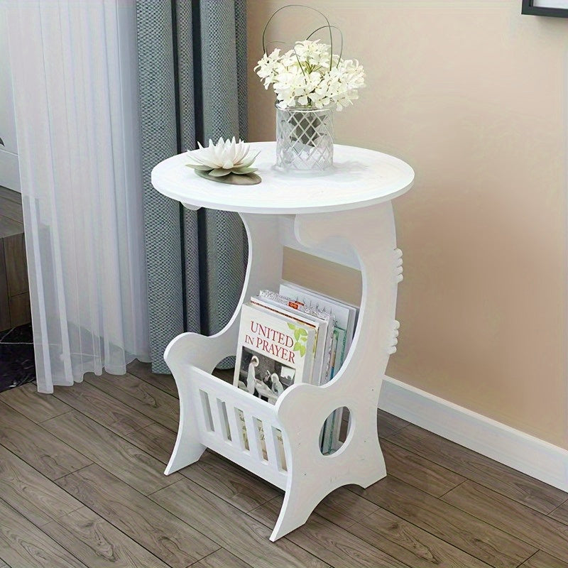 White Round Minimalist Bedside Table with Magazine Rack, Space-Saving Home Design