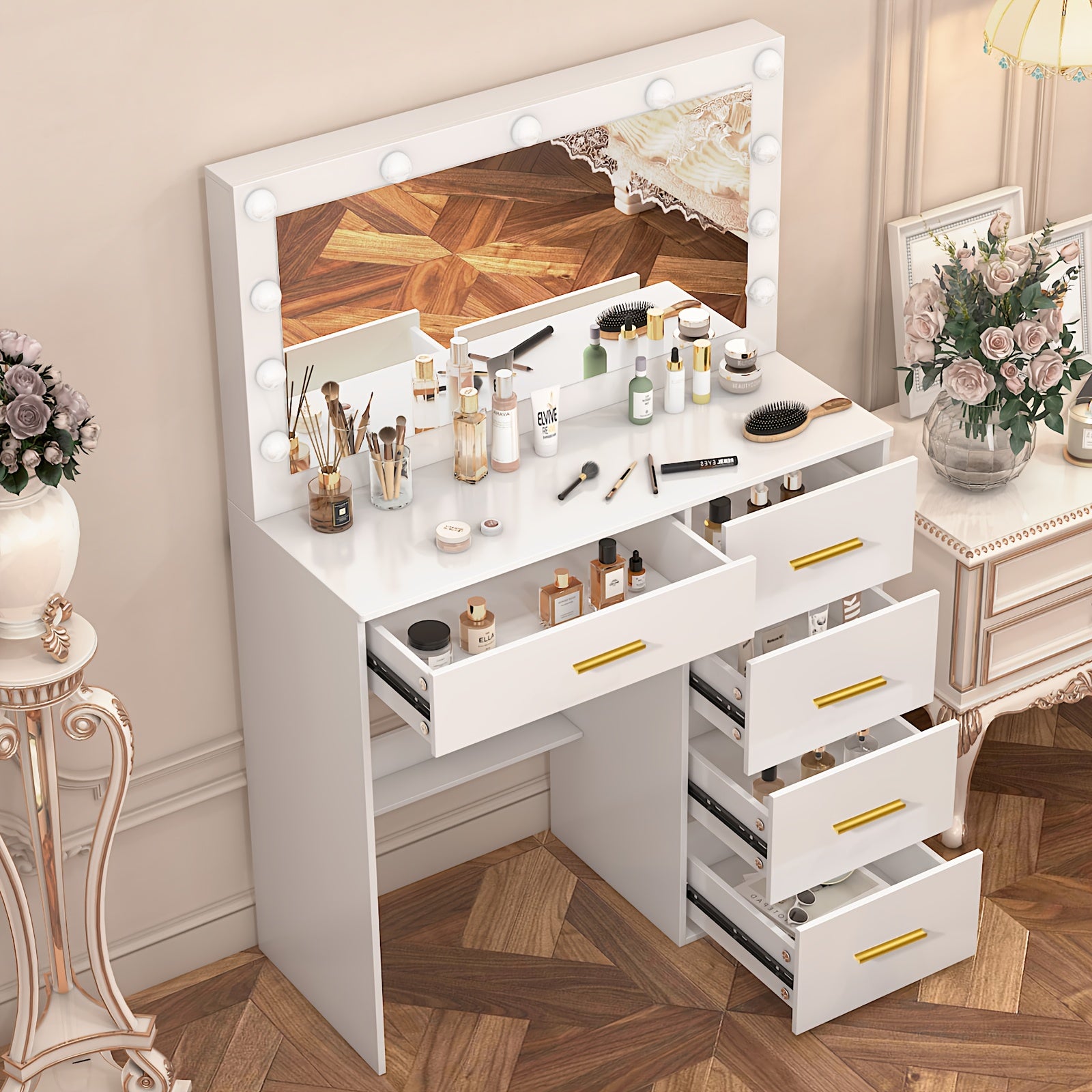31.5inch White Vanity Table Makeup Dressing Desk with Large HD Lighted Mirror, 5 Drawers, Adjust Modes & Dimmable, Dressing Table with LED Mirror for Girls Bedroom Furniture