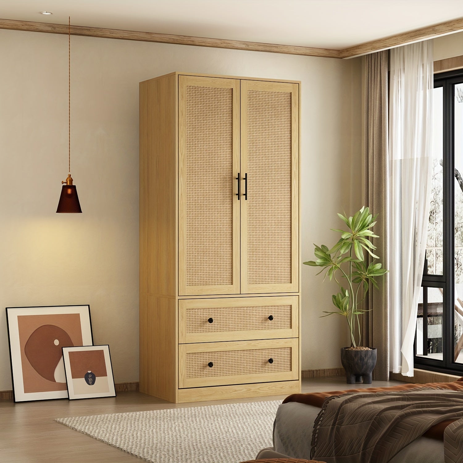 70.9'' Tall Wardrobe Armoire Closet With Rattan Doors, 2 Drawers And Storage Shelves, Wooden Clothes Storage Cabinet With Hanging Rod, For Bedroom, Large Storage Capacity, Stylish Design, Light Brown