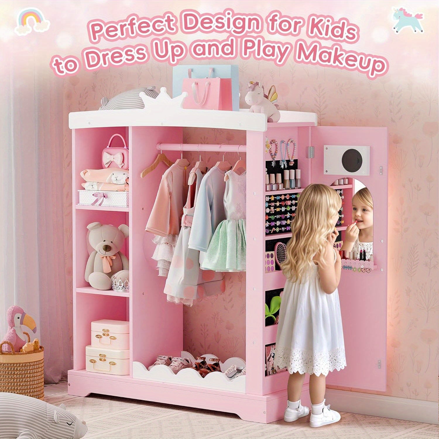 Kids Armoire with Jewelry Cabinet, Dress up Storage with Mirror and Shelves, Princess Dress Closet and Costumes Wardrobe Closet, Costume Organizer for Bedroom, Kids Room, Girls