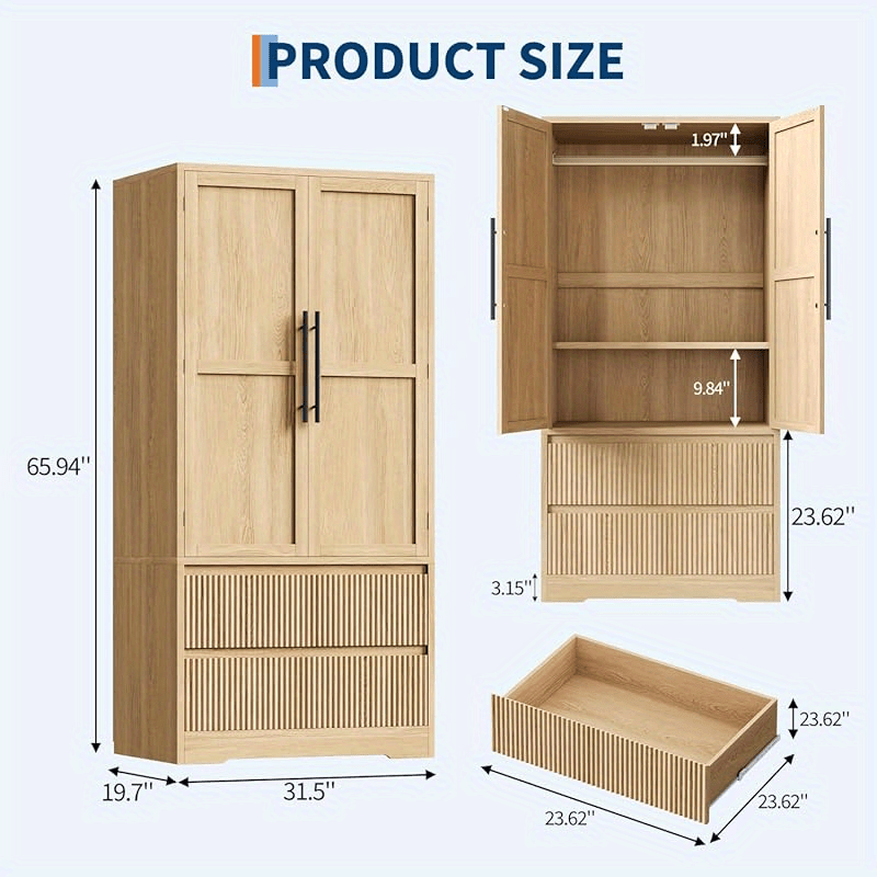 Bedroom Armoire Wardrobe Closet, Wardrobe Armoire Cabinet with Doors and 2 Drawers, Freestanding Armoire with ShelvesHanging Rod for Bedroom, Living Room, Clothes, Natural