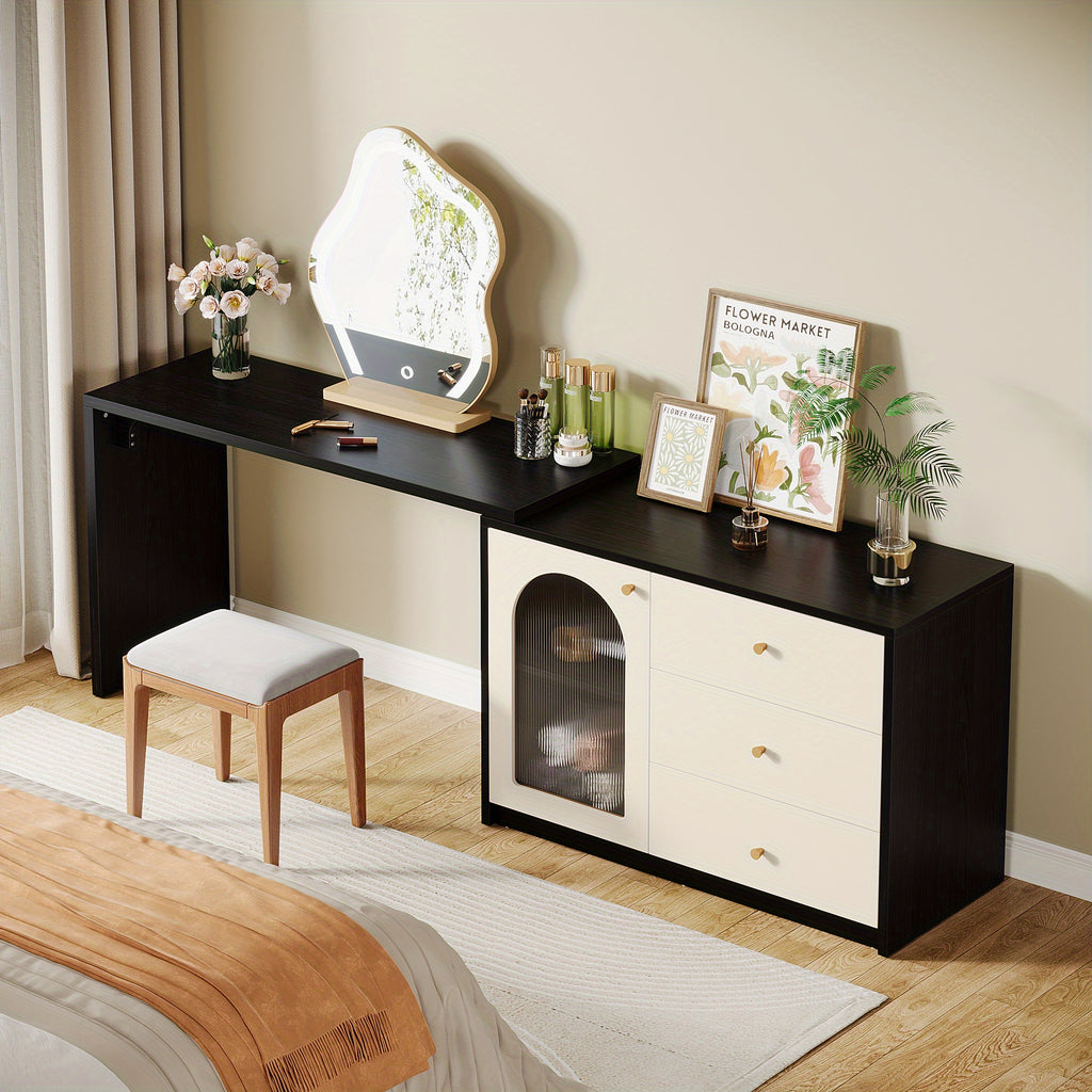 BYBLIGHT Modern Makeup Vanity with Retractable Large Desk, 3 Drawers & Cabinet, 27\