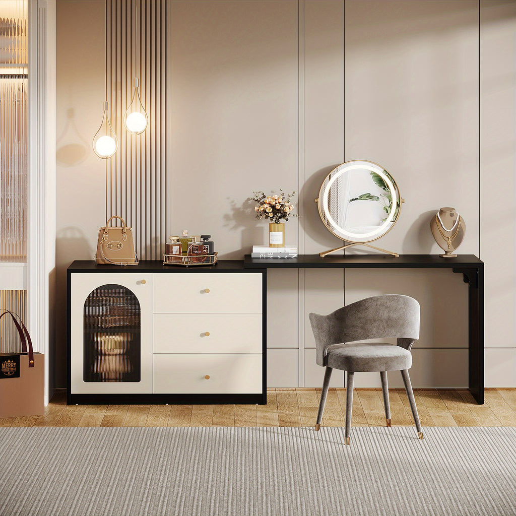 BYBLIGHT Modern Makeup Vanity with Retractable Large Desk, 3 Drawers & Cabinet, 27\