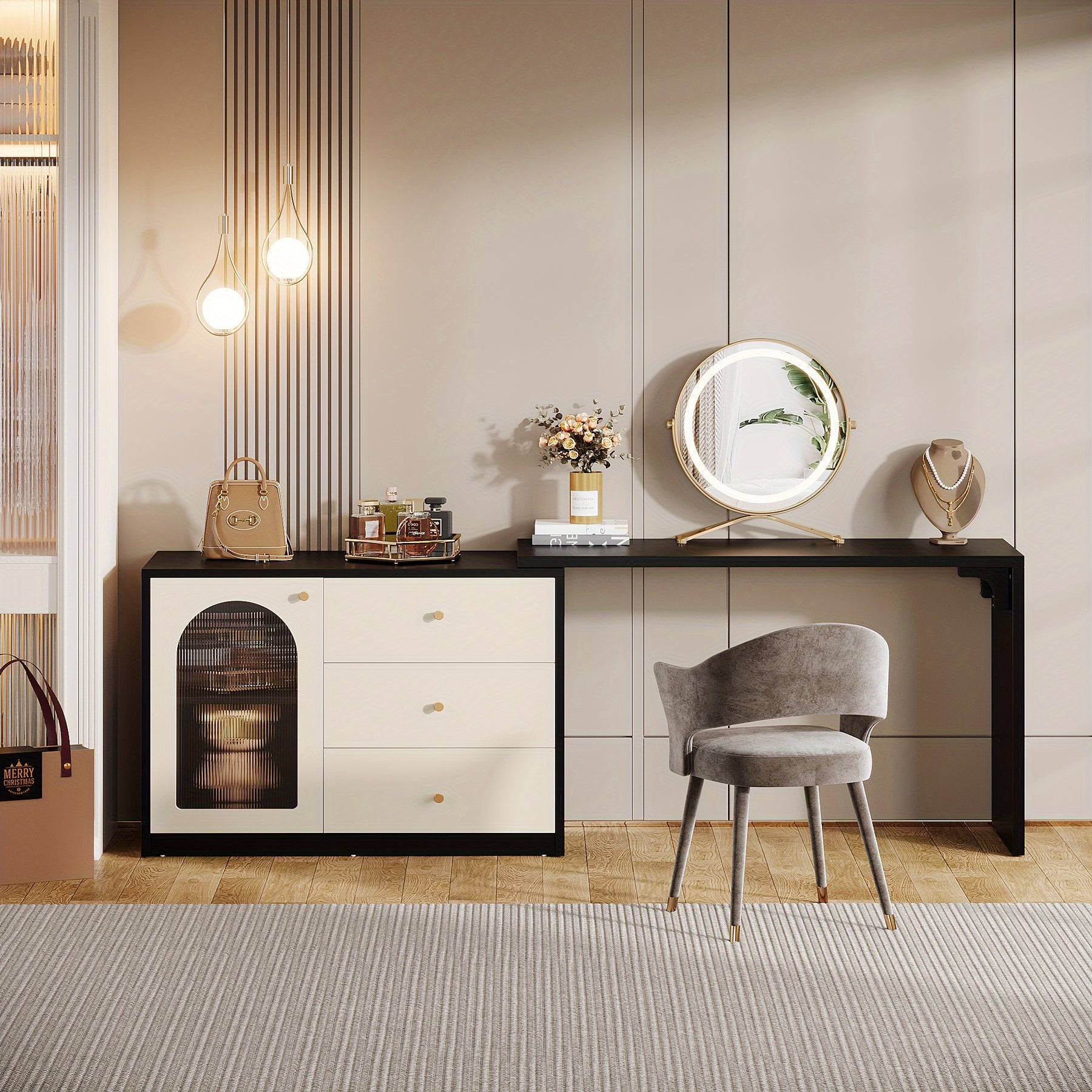 BYBLIGHT Modern Makeup Vanity with Retractable Large Desk, 3 Drawers & Cabinet, 27\