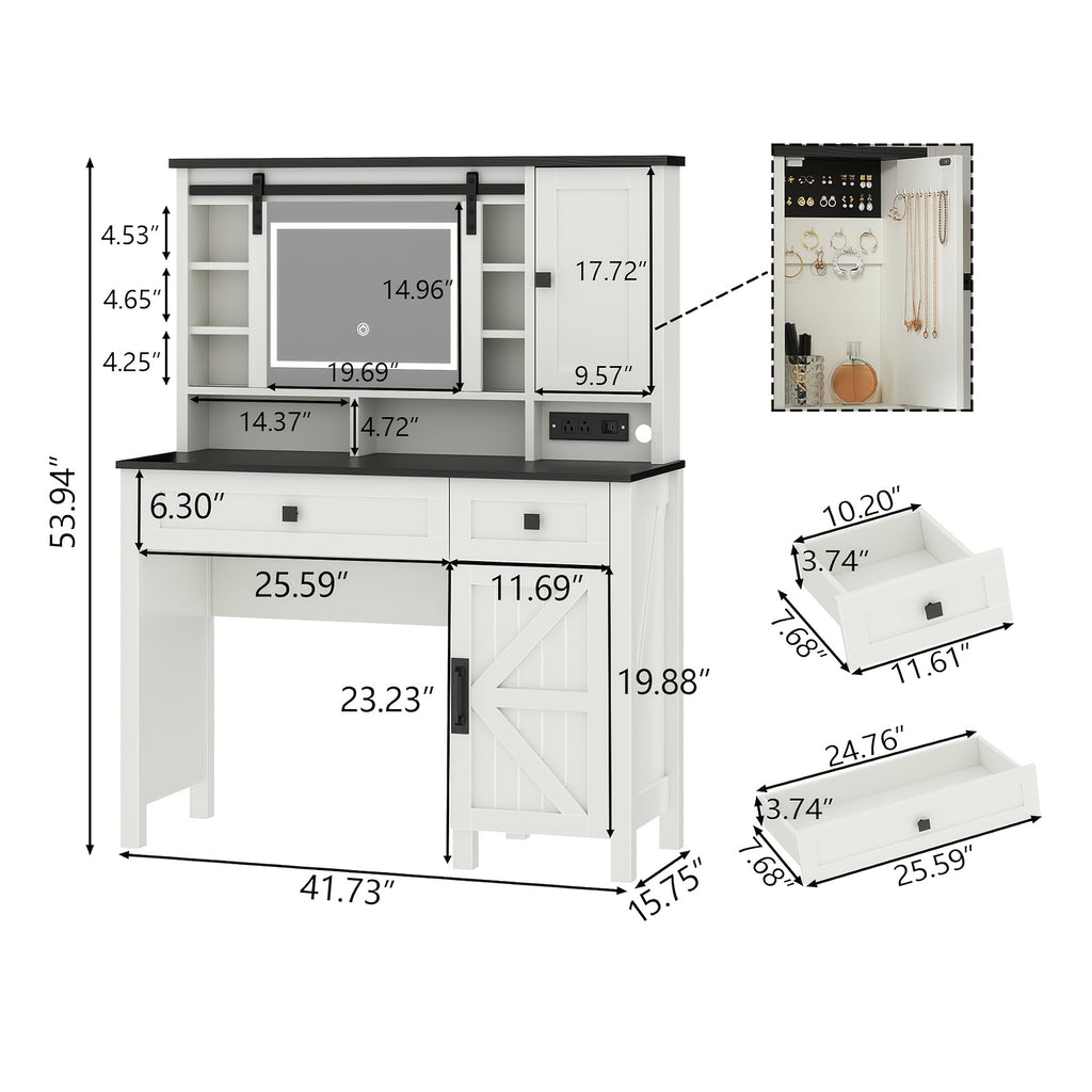 Modern Farmhouse White Makeup Vanity with Lighted Mirror & Charging Station, Adjustable Shelves & Drawers, Glass & Wood Construction, 3.2 Cu Ft Storage, 27\