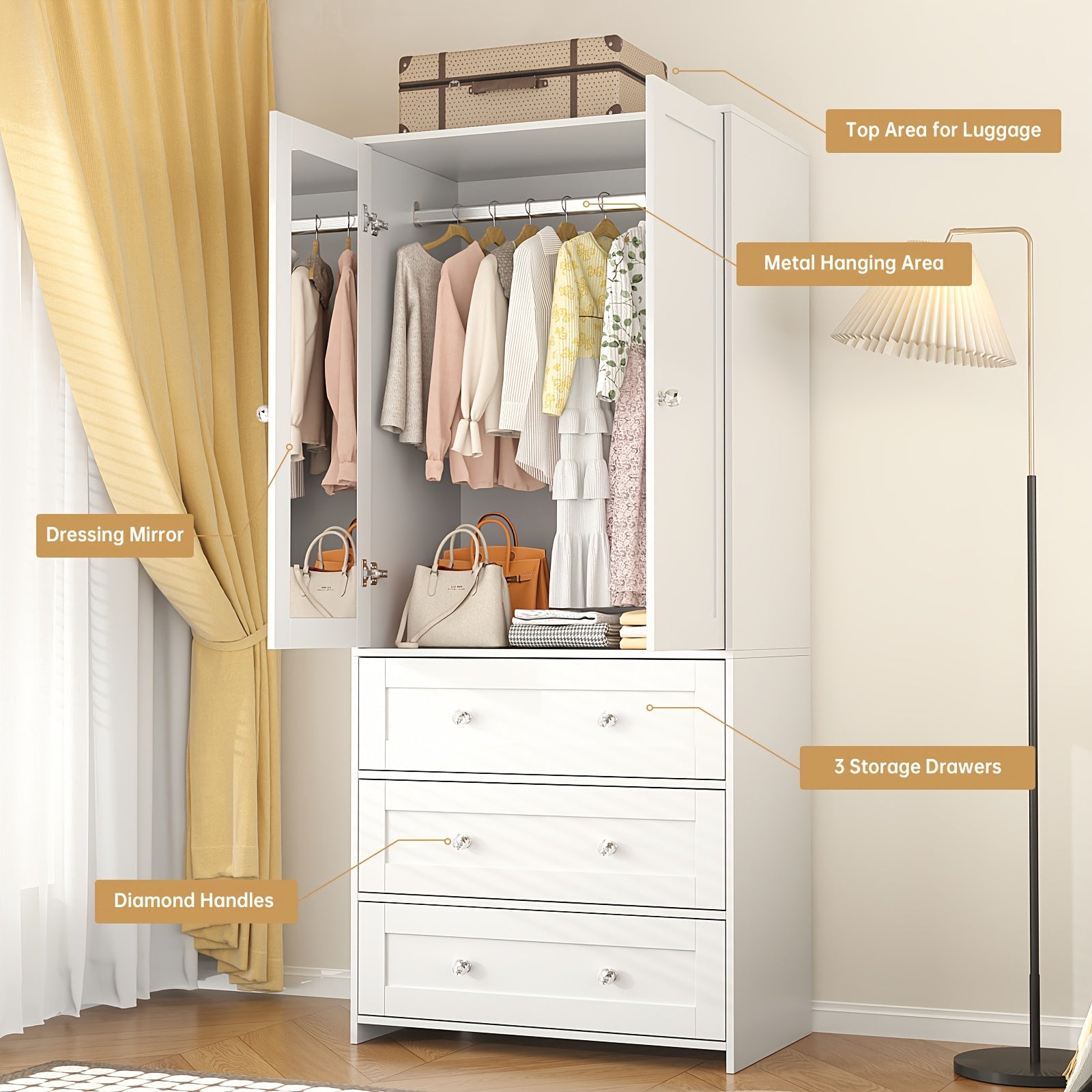 Modern Classic White Two-Door Wardrobe with Mirror, Drawers & Partitions - Hardwood MDF Freestanding Bedroom Armoire, Large Storage Cabinet with Clothes Rail, 3.2+ Cubic Feet, 27\