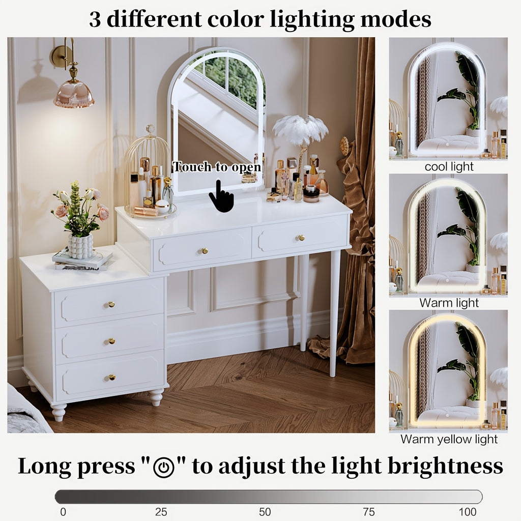 Vanity Desk With Mirror And Lights, Makeup Vanity With Adjustable Cabinet, Modern Makeup Table With 3 Drawers For Bedroom Makeup Room, Writing Desk White