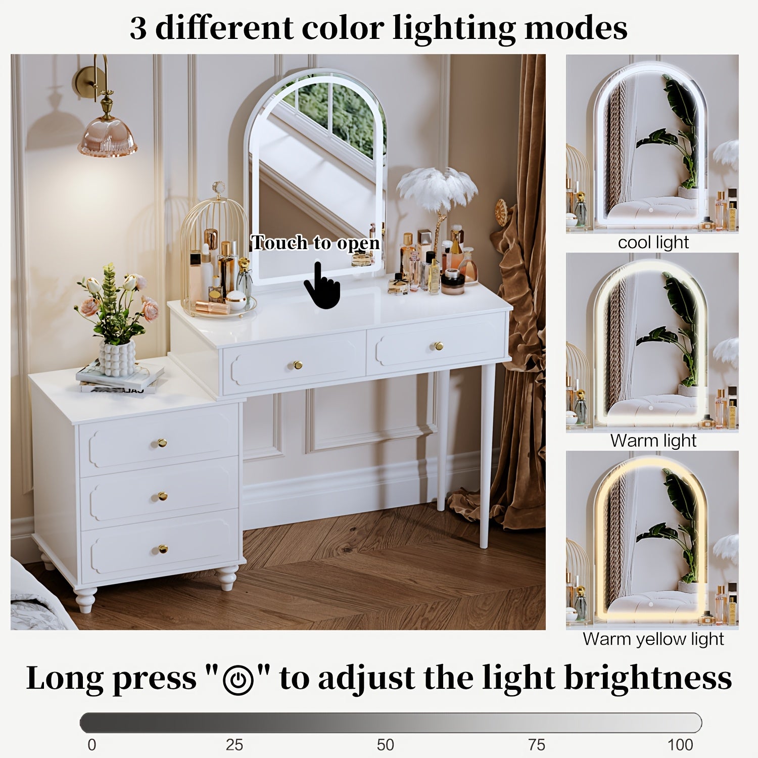 Vanity Desk With Mirror And Lights, Makeup Vanity With Adjustable Cabinet, Modern Makeup Table With 3 Drawers For Bedroom Makeup Room, Writing Desk White