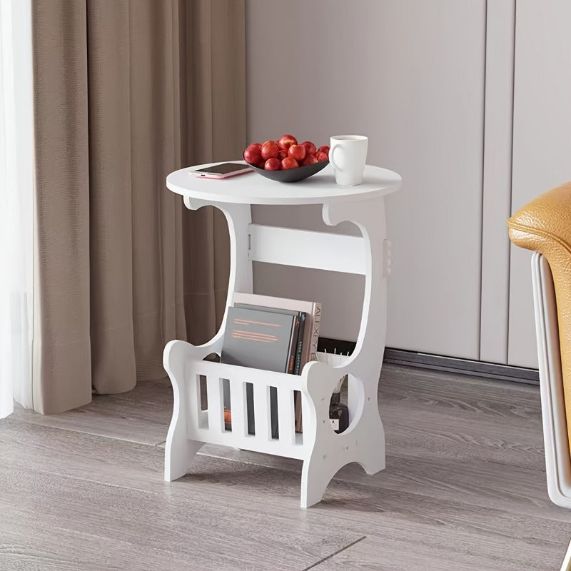 White Round Minimalist Bedside Table with Magazine Rack, Space-Saving Home Design