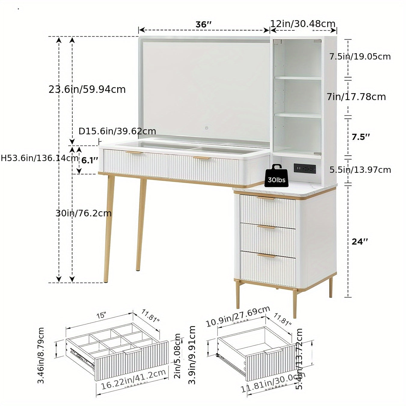 Fluted Makeup Vanity Desk with 36\