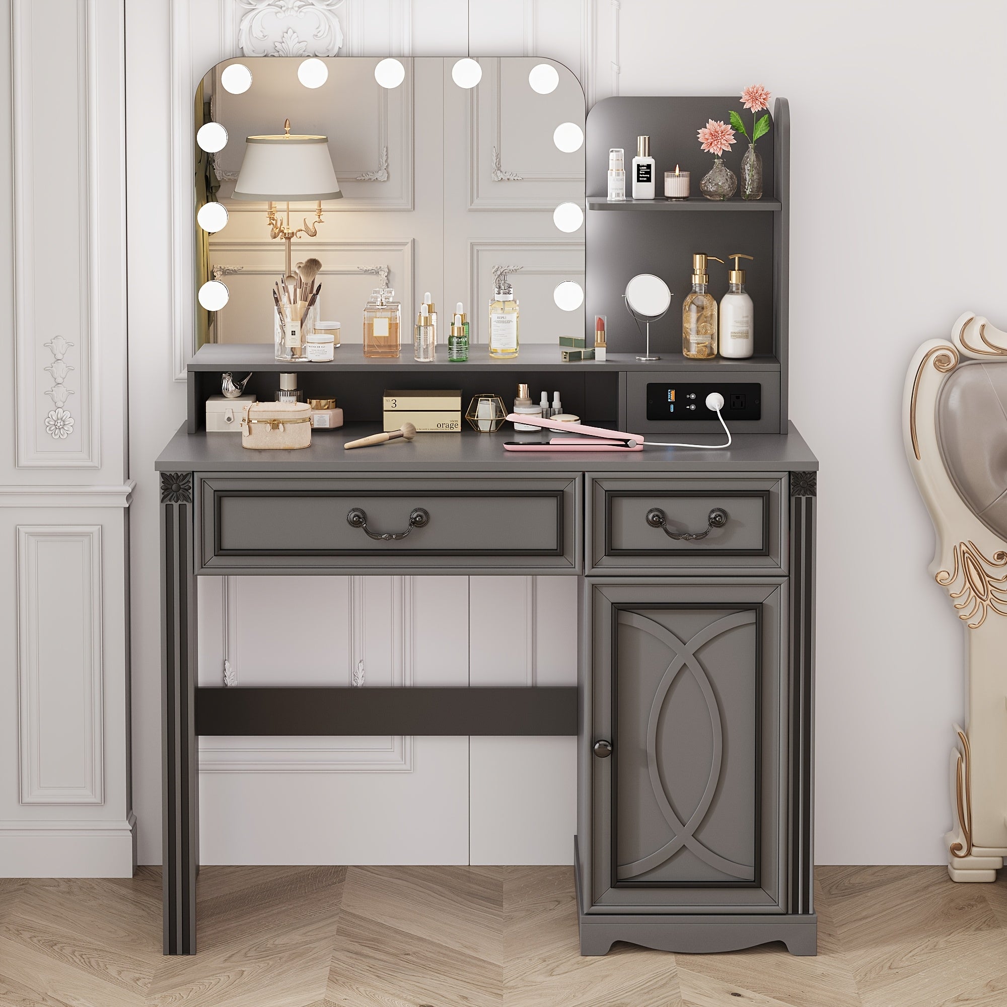 HWB Makeup Vanity Desk With LED Lighting Mirror And Power Socket, Girls Vanity With 3 Color Modes And Adjustable Brightness, Small Vanity With 2 Drawers And Cabinets For Bedroom
