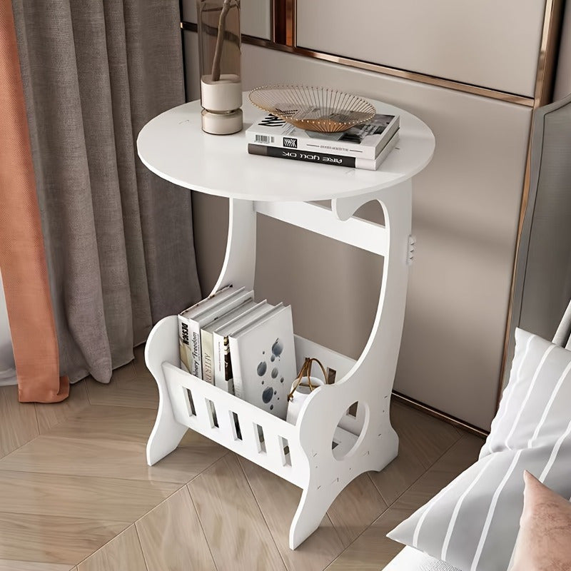 White Round Minimalist Bedside Table with Magazine Rack, Space-Saving Home Design