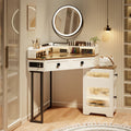 Dystler Corner Vanity with Mirror and Lights, Modern Makeup Vanity Set with Charging Station for Bedroom\u002FCloakroom, Glass Top Vanity Table with Drawers and Shelves, White