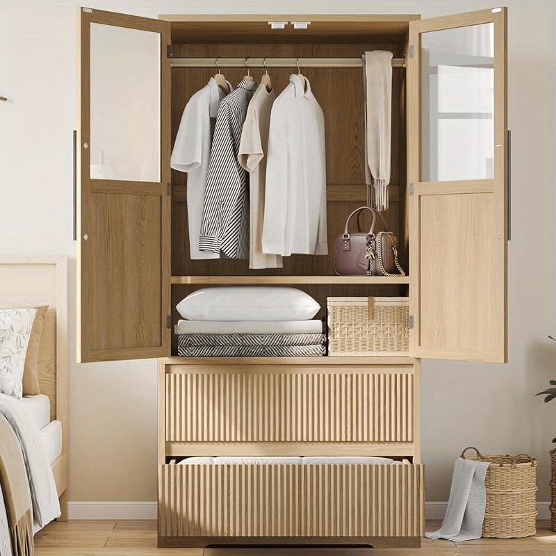 Bedroom Armoire Wardrobe Closet, Wardrobe Armoire Cabinet with Doors and 2 Drawers, Freestanding Armoire with ShelvesHanging Rod for Bedroom, Living Room, Clothes, Natural