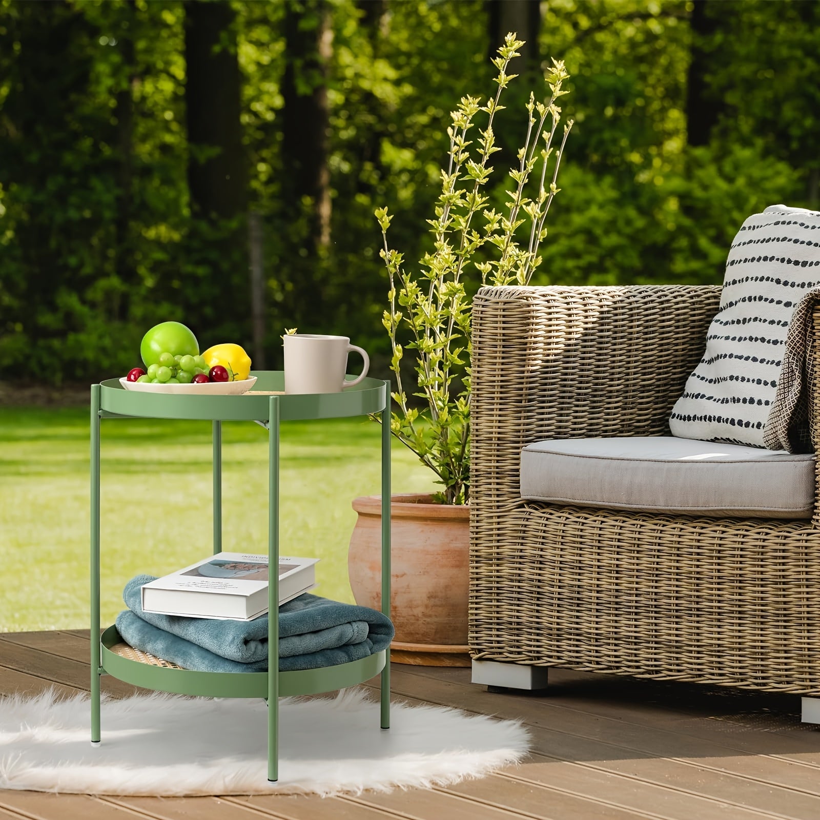 All Metal Side Table, 2 Tier Green End Table with Imitation Rattan Pattern on Removable Trays