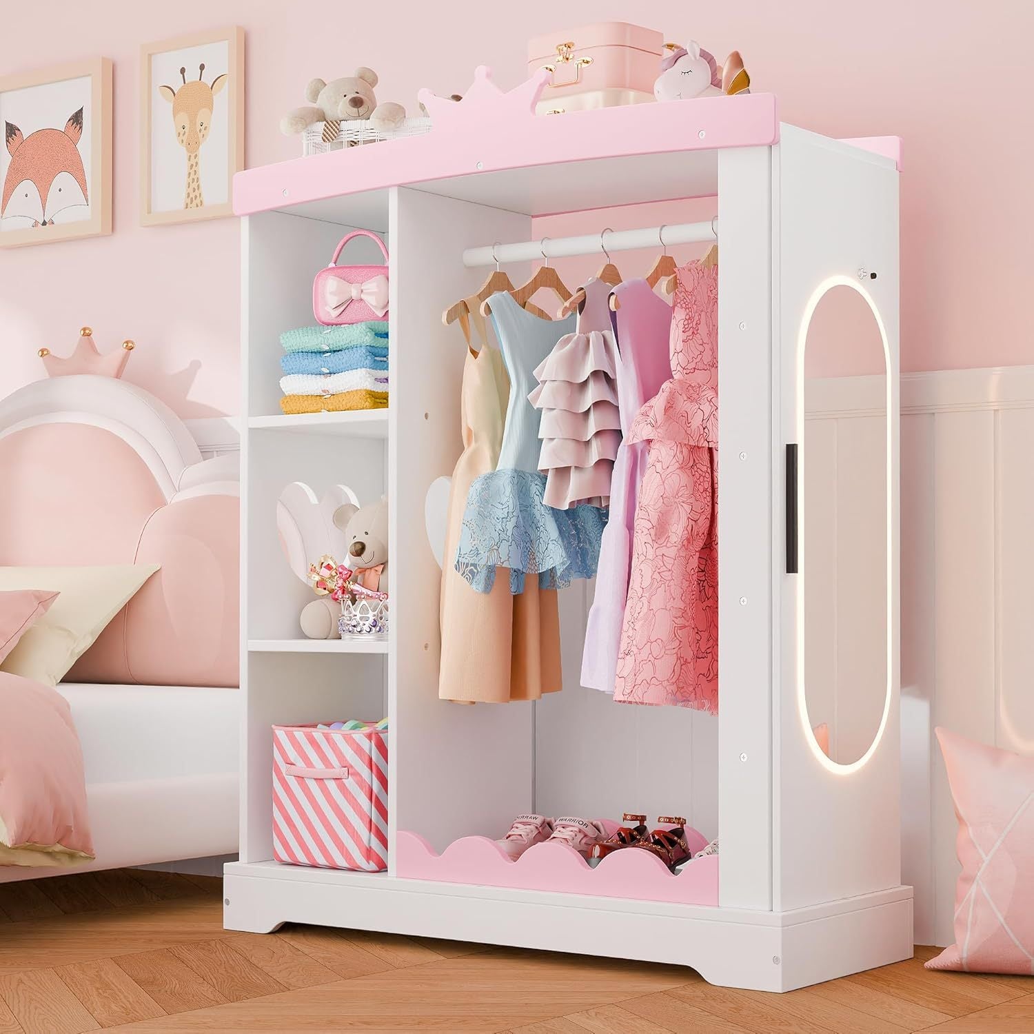 Kids Armoire with Jewelry Cabinet, Dress up Storage with Mirror and Shelves, Princess Dress Closet and Costumes Wardrobe Closet, Costume Organizer for Bedroom, Kids Room, Girls