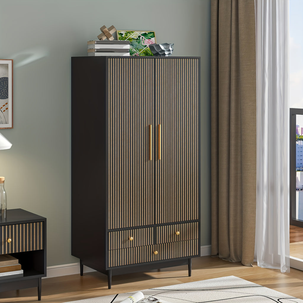 JEJEGORICH Armoire Wardrobe Closet, Freestanding Closet Organizer with Drawers with 2 Fluted Doors, Wardrobe Cabinet with Shelves And Hanging Rod