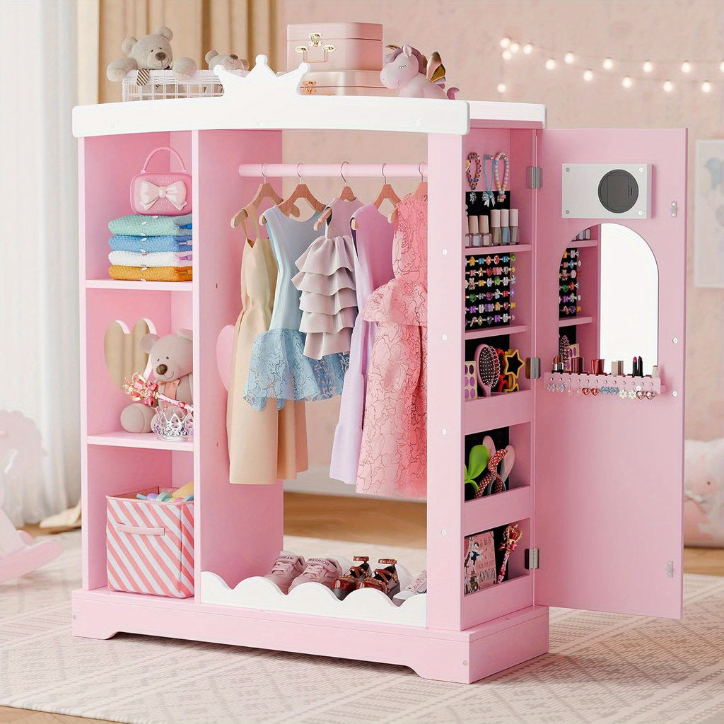 Kids Armoire with Jewelry Cabinet, Dress up Storage with Mirror and Shelves, Princess Dress Closet and Costumes Wardrobe Closet, Costume Organizer for Bedroom, Kids Room, Girls