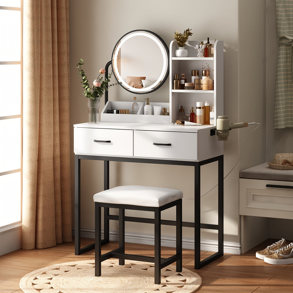 Vanity Desk with Mirror And Lights, Makeup Vanity Table Set with Storage Stool & Charging Station, Glass Tabletop And RGB Cabinets, Dressing Table with Jewellery Organizer Drawers for Bedroom