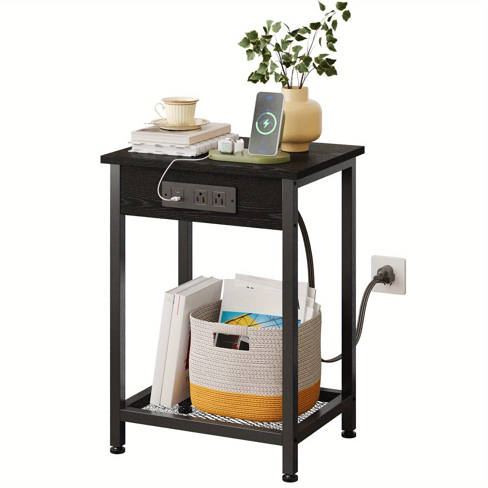 USB Side Table TOMNK 2-Tier 21.6in Side Table with USB Port and Power Outlet