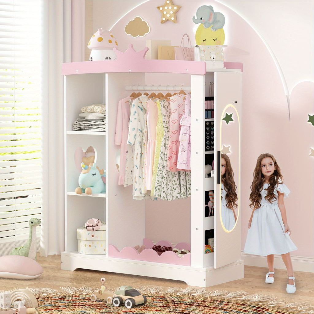Kids Armoire with Jewelry Cabinet, Dress up Storage with Mirror and Shelves, Princess Dress Closet and Costumes Wardrobe Closet, Costume Organizer for Bedroom, Kids Room, Girls