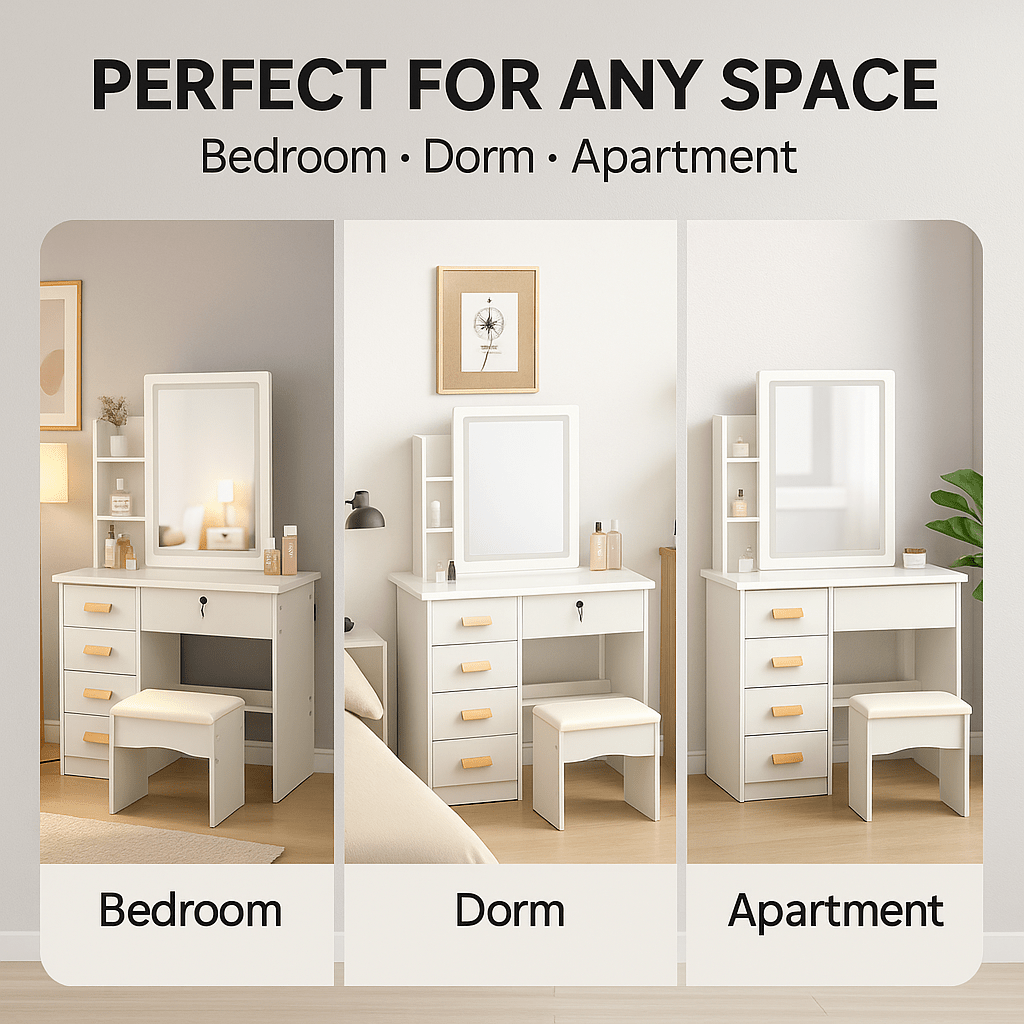 Modern White Makeup Dressing Table with Drawers & Organizer Storage Rack - Contemporary Bedroom Vanity Set, 27\