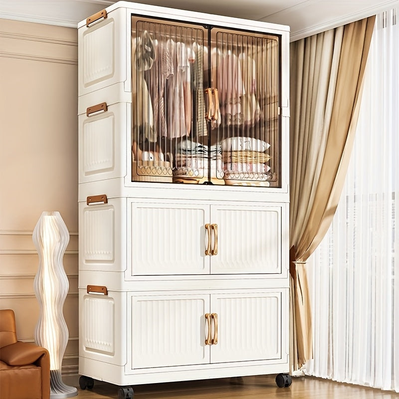 One Foldable Wardrobe with Wheels, Large Capacity Storage Cabinet, Multi-Layer Organizer Shelf, Easy Assembly Portable Closet for Home and Dormitory - Space-Saving Plastic Mobile Wardrobe, Portable Closets