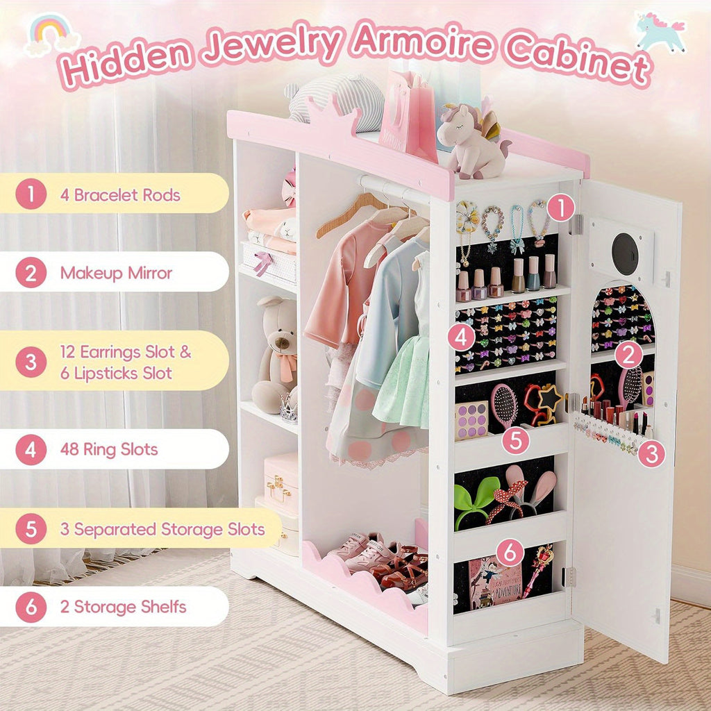 Kids Armoire with Jewelry Cabinet, Dress up Storage with Mirror and Shelves, Princess Dress Closet and Costumes Wardrobe Closet, Costume Organizer for Bedroom, Kids Room, Girls