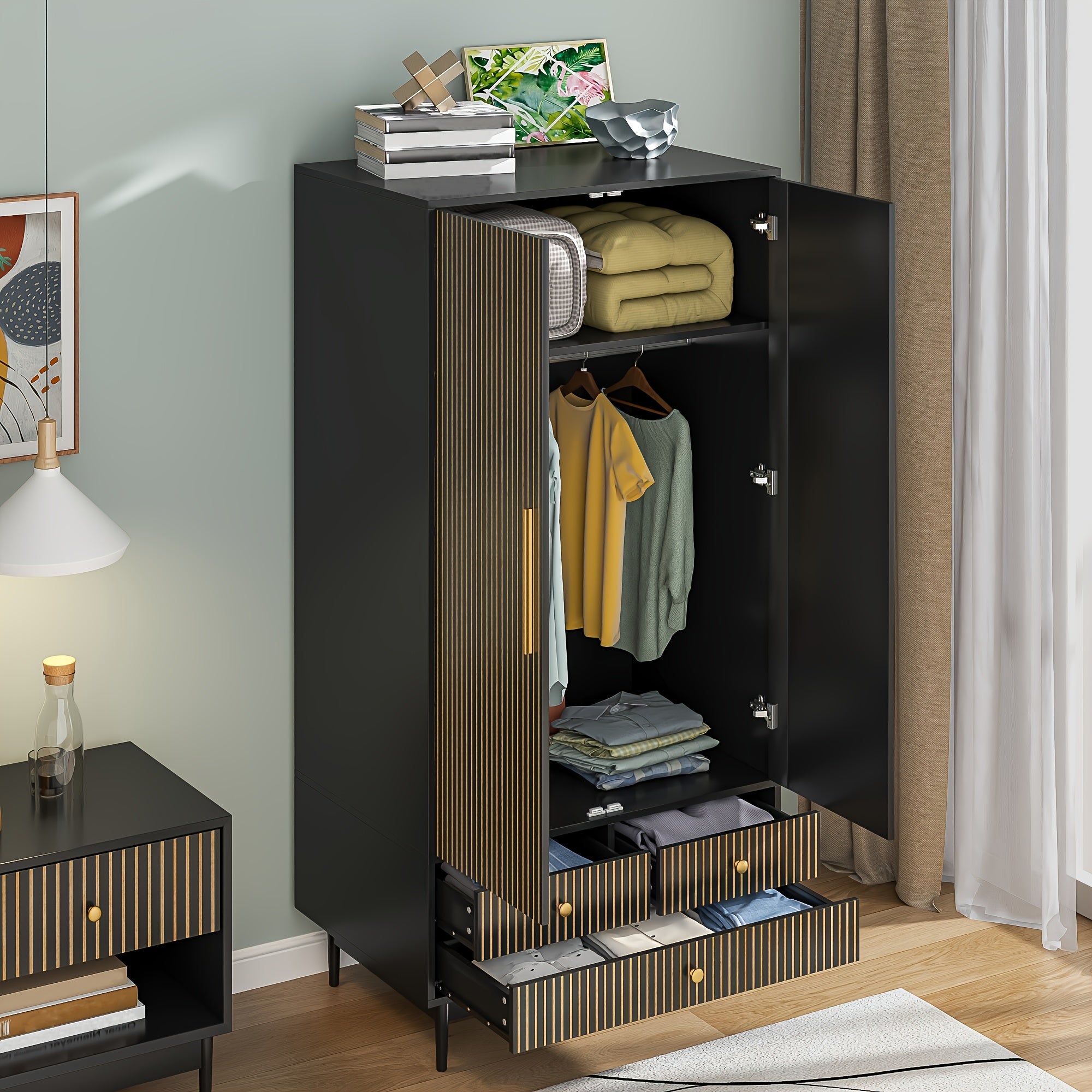 JEJEGORICH Armoire Wardrobe Closet, Freestanding Closet Organizer with Drawers with 2 Fluted Doors, Wardrobe Cabinet with Shelves And Hanging Rod